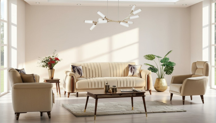 Sofagarnitur 3+3+1 Sitzer Wohnzimmer Set Komplett Textil Sofa Sessel Holz Beige