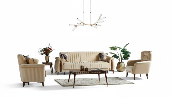 Sofagarnitur 3+3+1 Sitzer Wohnzimmer Set Komplett Textil Sofa Sessel Holz Beige