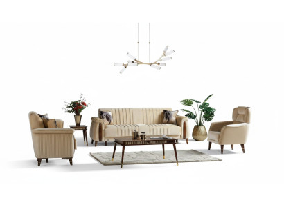 Sofagarnitur 3+3+1 Sitzer Wohnzimmer Set Komplett Textil Sofa Sessel Holz Beige