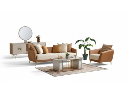 Sofagarnitur 3+1 Sitzer Textil Holz Sofa 3 Sitzer Modern Sessel Komplett Set