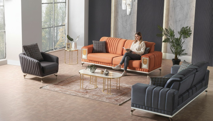 Sofagarnitur 3+3+1 Sitzer Textil Holz Sofa 3 Sitzer Modern Sessel Komplett Set