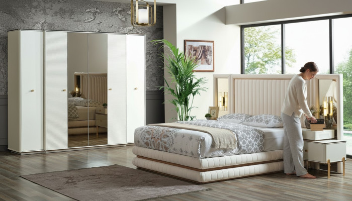 Schlafzimmer Set Bett 2x Nachttische Kleiderschrank Design Möbel 4 tlg. Beige