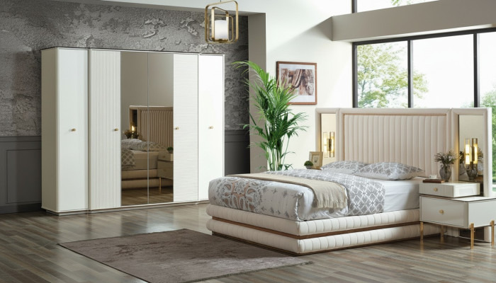 Schlafzimmer Set Bett 2x Nachttische Kleiderschrank Design Möbel 4 tlg. Beige