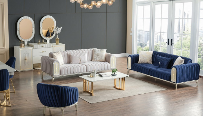 Sofagarnitur 3+3+1 Sitzer Wohnzimmer Set Komplett Textil Sofa Sessel Holz Blau