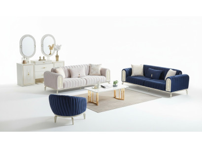 Sofagarnitur 3+3+1 Sitzer Wohnzimmer Set Komplett Textil Sofa Sessel Holz Blau