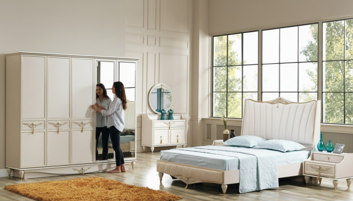 Luxus Schlafzimmer Set Bett + 2x Nachttische+Schrank+Kommode Komplettes Modern