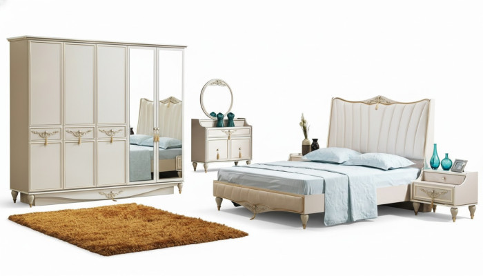 Luxus Schlafzimmer Set Bett + 2x Nachttische+Schrank+Kommode Komplettes Modern