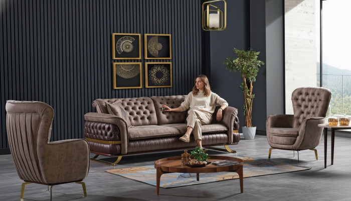 Designer Sofagarnitur 3+3+1 Sitzer Couch Polster Sitzgarnitur Set Chesterfield