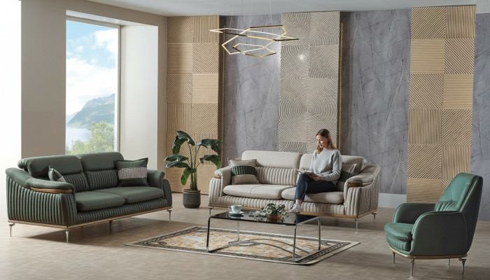 Sofagarnitur 3+3+1 Sitzer Wohnzimmer Set Komplett Textil Sofa Sessel Holz Eu