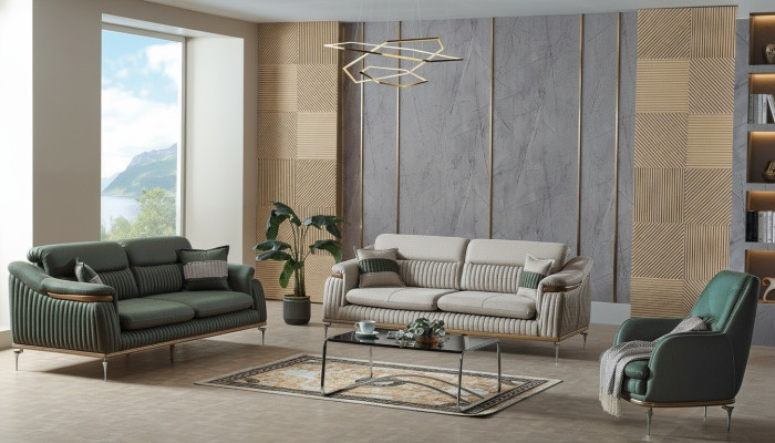 Sofagarnitur 3+3+1 Sitzer Wohnzimmer Set Komplett Textil Sofa Sessel Holz Eu