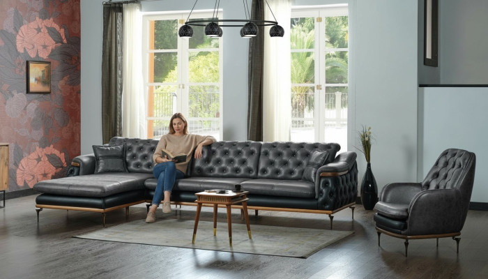 Schwarz Wohnzimmer Set Ecksofa L-Form Sessel Modern Chesterfield Komplett