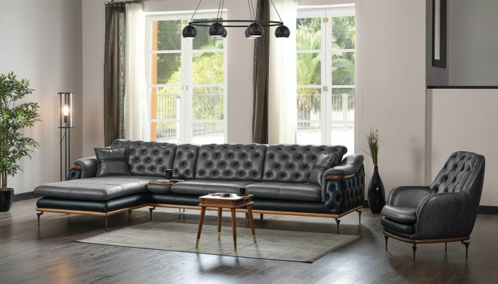 Schwarz Wohnzimmer Set Ecksofa L-Form Sessel Modern Chesterfield Komplett