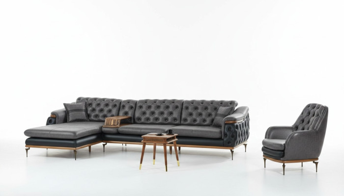 Schwarz Wohnzimmer Set Ecksofa L-Form Sessel Modern Chesterfield Komplett
