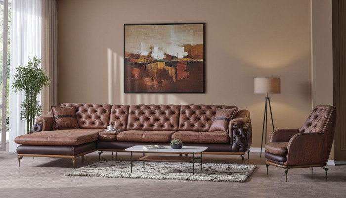 Ecksofa L-Form Sessel Braun Komplett Wohnzimmer Set 2tlg. Luxus Braun