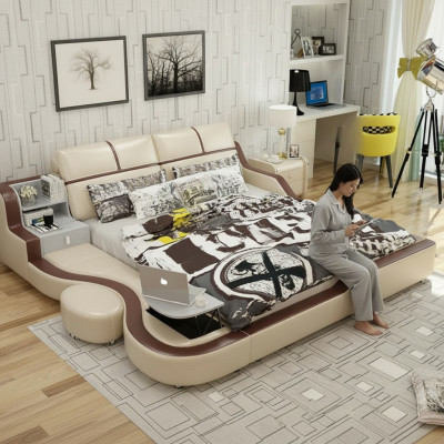 Multifunktions Bett Luxus Design Beige Betten Doppel Regal 180x200cm