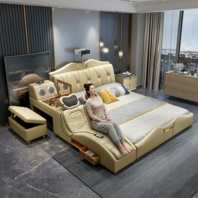Design Bett Beige Hotel Polster 180x200 Multifunktion Regal Betten Neu
