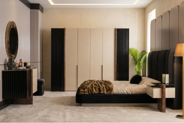 Schlafzimmer Set Bett 2x Nachttische Kleiderschrank Kommode Design Möbel