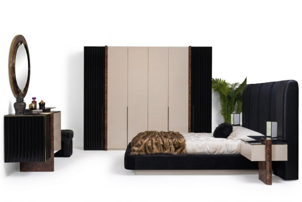 Schlafzimmer Set Bett 2x Nachttische Kleiderschrank Kommode Design Möbel