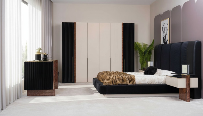Luxus Schlafzimmer Set Bett 2x Nachttische + Kleiderschrank Holz Komplett