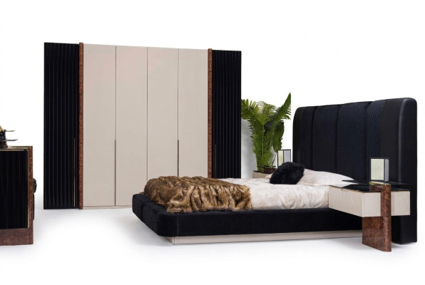 Luxus Schlafzimmer Set Bett 2x Nachttische + Kleiderschrank Holz Komplett