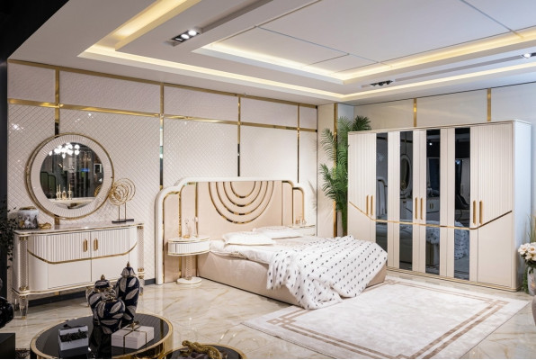 Schlafzimmer Set Luxus Bett 2x Nachttisch Kleiderschrank Kommode mit Spegel 5tlg
