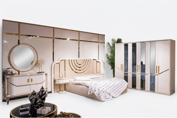 Schlafzimmer Set Luxus Bett 2x Nachttisch Kleiderschrank Kommode mit Spegel 5tlg