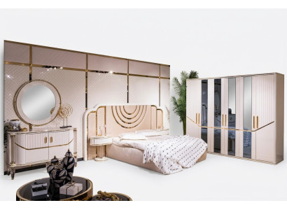 Schlafzimmer Set Luxus Bett 2x Nachttisch Kleiderschrank Kommode mit Spegel 5tlg