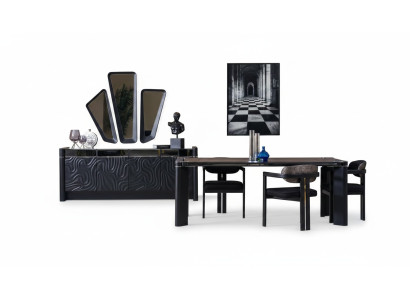 Schwarzes Esszimmer Set Esstisch 6xSühle Sideboard 3x Spiegel Essgruppe Luxus