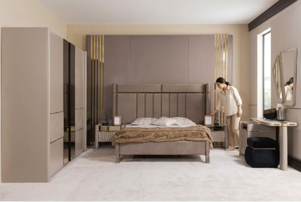 Schlafzimmer Set Bett 2x Nachttisch Kleiderschrank Schminktisch mit Spiegel 5tlg Neu