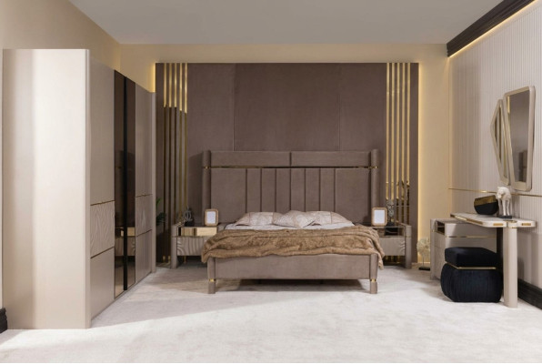 Schlafzimmer Set Bett 2x Nachttisch Kleiderschrank Schminktisch mit Spiegel 5tlg Neu