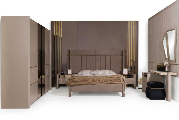 Schlafzimmer Set Bett 2x Nachttisch Kleiderschrank Schminktisch mit Spiegel 5tlg Neu
