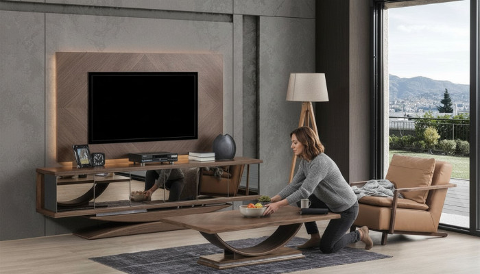 Wohnwänd Wand Holz Modern Stil Regal Wohnzimmer Möbel Schrank RTV mit TV Rahmen