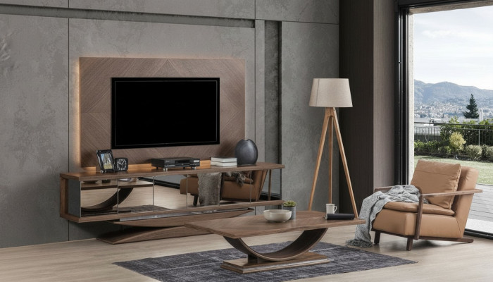 Wohnwänd Wand Holz Modern Stil Regal Wohnzimmer Möbel Schrank RTV mit TV Rahmen