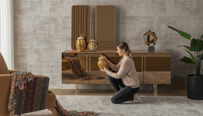 Sideboard mit 2x Spiegel Anrichte Luxus Garnitur Kommode Holz Kommoden Modern