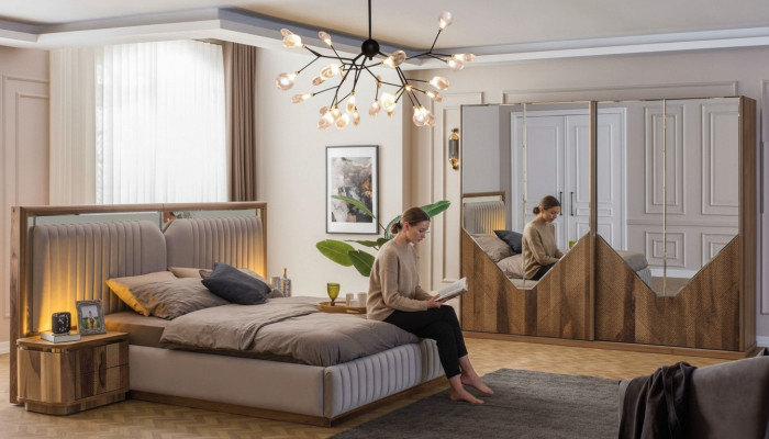 Luxus Schlafzimmer set Bett + 2x Nachttische + Kleiderschrank Modern Komplett