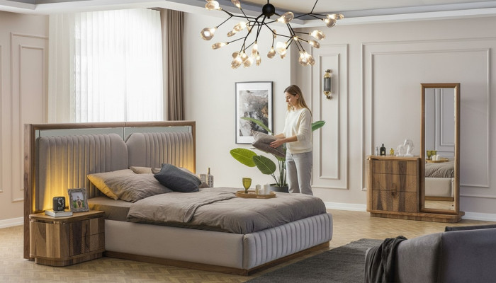 Modernes Schlafzimmer Set Bett + 2x Nachttische + Kommode mit Spiegel Modern