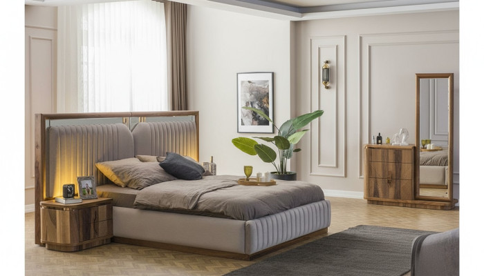 Modernes Schlafzimmer Set Bett + 2x Nachttische + Kommode mit Spiegel Modern