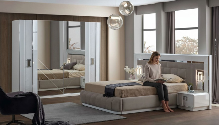 Schlafzimmer Komplett Set Bett 2x Nachttisch Kleiderschrank Neu Design 4 tlg.