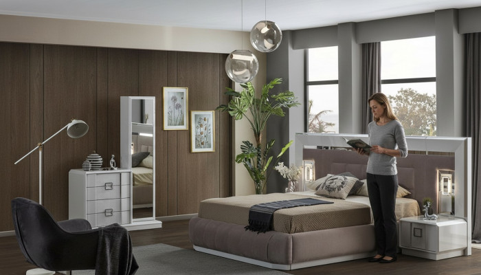 Modern Schlafzimmer Set Bett + 2x Nachttische + Kommode mit Spiegel Luxus Neu