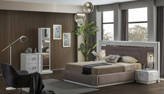 Modern Schlafzimmer Set Bett + 2x Nachttische + Kommode mit Spiegel Luxus Neu