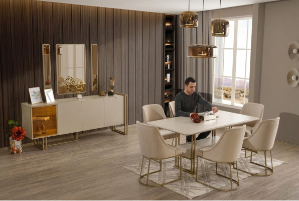 Luxuriöse Esszimmer Set Esstisch + 6x Stühle + Sideboard + 3x Spiegel 11tlg