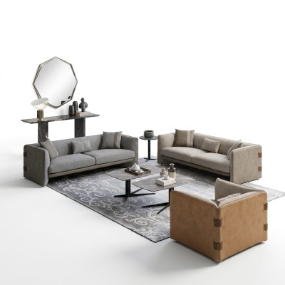 Grau Wohnzimmer-Set 7tlg Modern 2x Sofas Dreisitzer Polstermöbel Sessel Neu