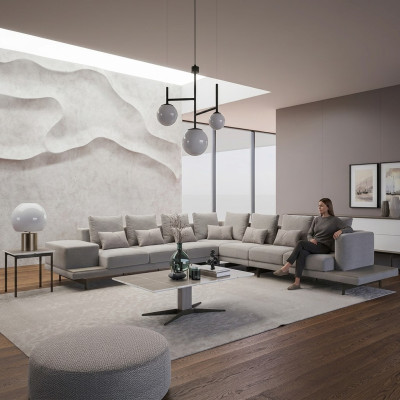 Wohnzimmer Grau Polstermöbel Ecksofa L-Form Design Couchtisch Beistelltisch