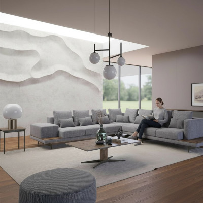 Wohnzimmer Set 3tlg Grau Ecksofa L-Form Holz Couchtisch Designer Beistelltisch