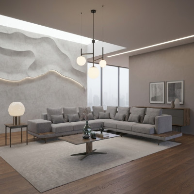 Wohnzimmer Set 3tlg Grau Ecksofa L-Form Holz Couchtisch Designer Beistelltisch