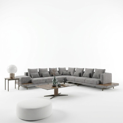 Wohnzimmer Set 3tlg Grau Ecksofa L-Form Holz Couchtisch Designer Beistelltisch