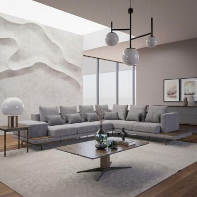 Luxus Grau Polstersofa L-Form Holz Couchtisch mit Beistelltisch Wohnzimmer