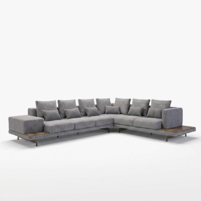 Luxus Grau Polstersofa L-Form Holz Couchtisch mit Beistelltisch Wohnzimmer
