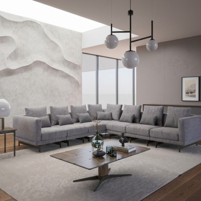 Neu Komplett Möbel Ecksofa L-Form Textil Einrichtung Wohnzimmer Holz Couchtisch