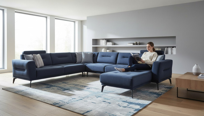  Luxus Modern Design Wohnzimmer U-Form Ecksofa Massiv Dunkelblau Sofa